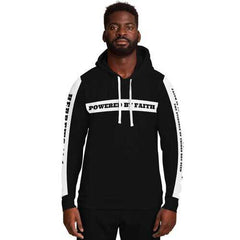 Mens Hoodies, Powered by Faith Hebrews 11:1 Black and White Hooded Sweatshirt (White Sleeves and Drawstring)