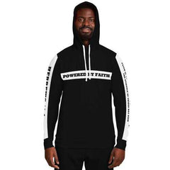 Mens Hoodies, Powered by Faith Hebrews 11:1 Black and White Hooded Sweatshirt (White Sleeves and Drawstring)