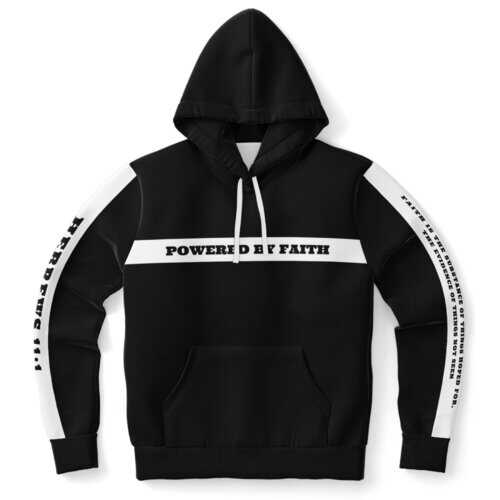 Mens Hoodies, Powered by Faith Hebrews 11:1 Black and White Hooded Sweatshirt (White Sleeves and Drawstring)