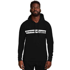 Mens Hoodies, Powered by Faith Hebrews 11:1 Hooded Shirt (Black Sleeves and Drawstring)