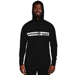 Mens Hoodies, Powered by Faith Hebrews 11:1 Hooded Shirt (Black Sleeves and Drawstring)