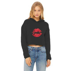 Sweet Kiss Red Lipstick Black Graphic Text Style Cropped Raw Edge Hoodie