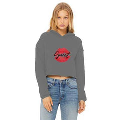 Sweet Kiss Red Lipstick Black Graphic Text Style Cropped Raw Edge Hoodie