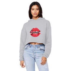 Sweet Kiss Red Lipstick Black Graphic Text Style Raw Edge Cropped Hooded Shirt