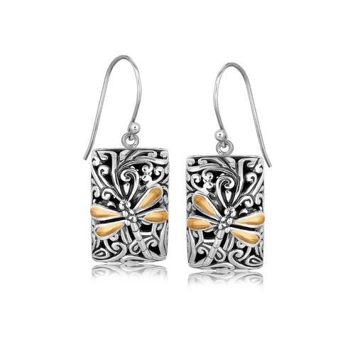 18k Yellow Gold and Sterling Silver Dragonfly Designed Rectangular Drop Earrings