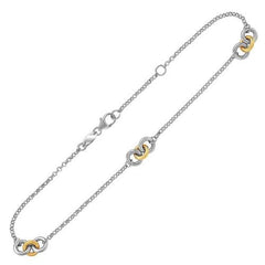 14k Yellow Gold and Sterling Silver Triple Ring Stationed Anklet, size 10''