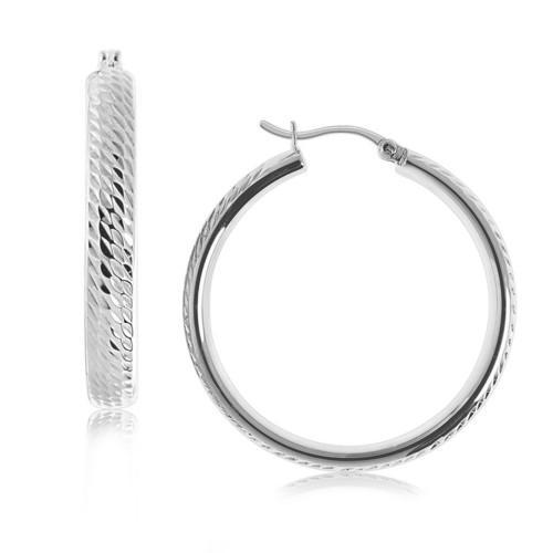 Sterling Silver Rhodium Plated Hoop Marquise Motif Diamond Cut  Earrings (30mm)