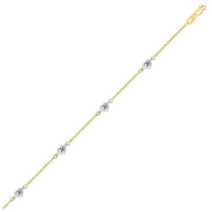 14k Two Tone Gold Anklet with Diamond Cut Heart Style Stations, size 10''