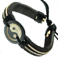 Unisex Black and Beige Leather Bracelet with Ying Yang Bone ID