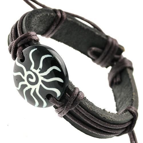 Unisex Leather Bracelet with SUN Design Bone ID