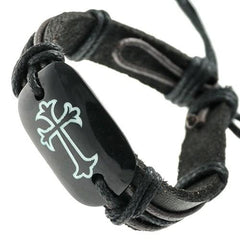 Cross on bone ID Dark Brown and Black Leather Bracelet