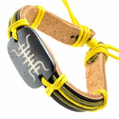 Leather Bracelet with Yellow Cords and Tribal Design on Bone ID