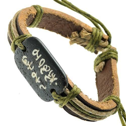 Chinese Symbols Brown Leather Bracelet with Green Cords