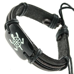 Tribal Turtle Design on Bone ID Black Leather