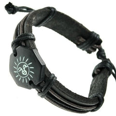 Smiley Sun on Bone ID Black/Brown Leather Bracelet