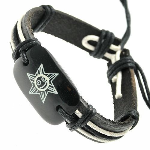 Black and White Leather Bracelet with Sun on Bone ID