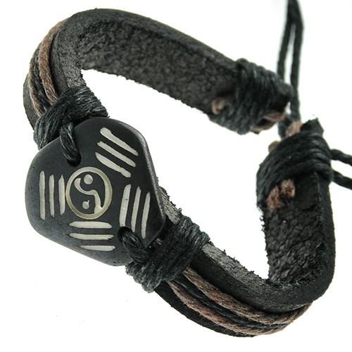 Yin Yang Leather Bracelet with Brown cords & Adjustable Drawstring