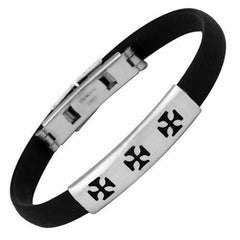 Stainless Steel and Rubber Bracelet with Cut Out Maltese Crosses