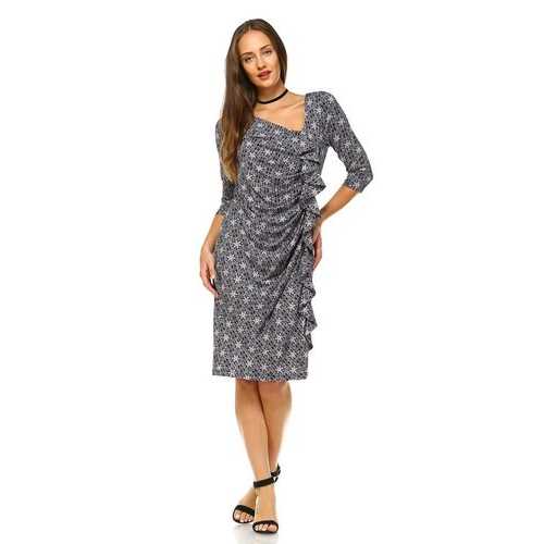 Women's 3/4 Three Quarter Sleeve Midi Dress with Geometric Pattern