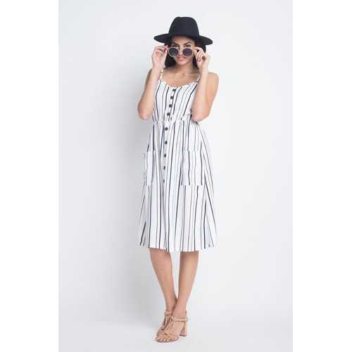 Women's Striped Button Midi Sleeveless Dress