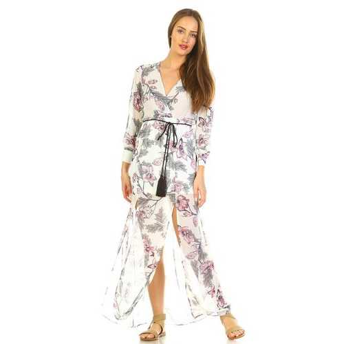 Women's Long Sleeve V-Neck Floral Belted Maxi with Side Slit