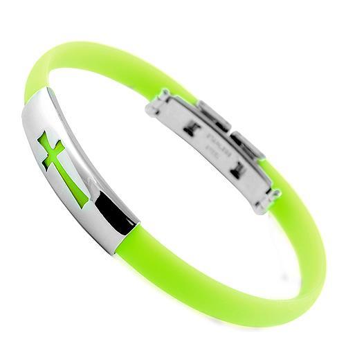 Light Green Rubber And Stainless Steel Bracelet With Cross Cut Out Design