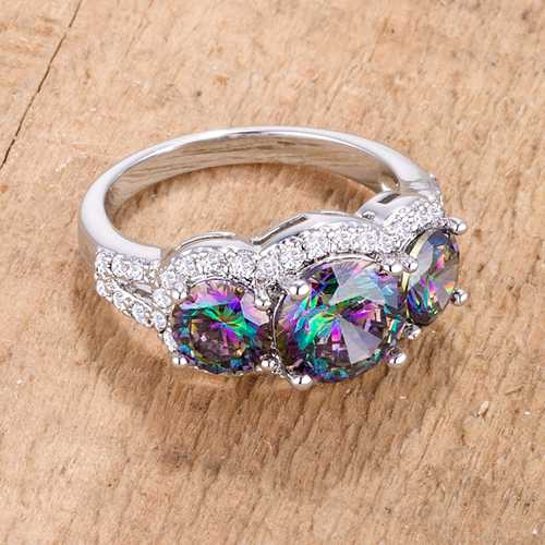 4 Ct Three Stone Rhodium Ring with Mystic and Clear CZ