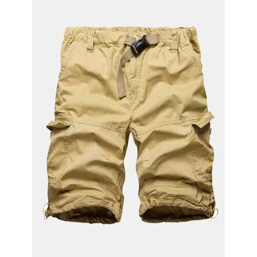 Summer Mens Elastic Waist Causal Loose Outdoor Solid Color Cargo Shorts