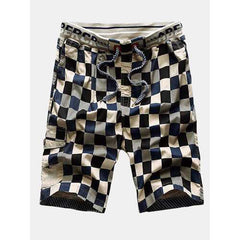 Summer Mens Fashion Contrast Colour Plaid Elastic waist Sports Cotton Shorts