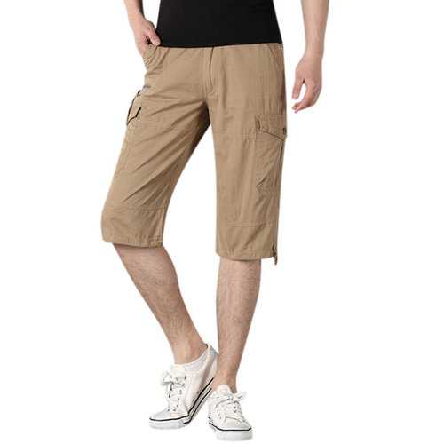 Mens Plus Size Cotton Solid Color Big Pockets Knee Length Casual Cargo Shorts