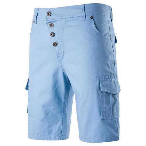 Mens Solid Color High Waist Knee Length Regular Fit Casual Cargo Shorts