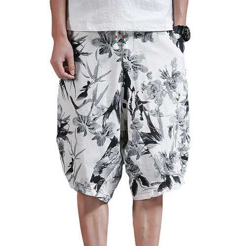 Chinese Style Printed Cotton Linen Shorts