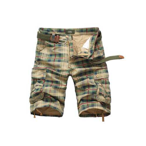 Multi-pocket Cotton Plaid Knee Length Shorts