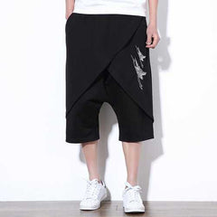 Chinese Style Crane Embroidery Baggy Shorts