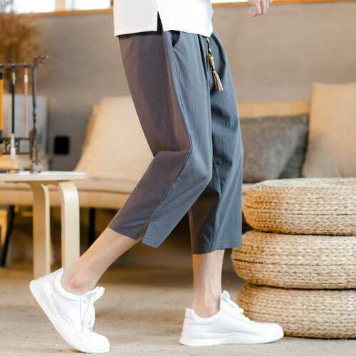 2019 summer new cotton and linen cropped pants drawstring casual pants shorts loose solid color linen thin pants male