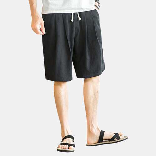 Linen Blend Plain Drawstring Straight Shorts