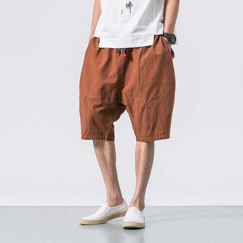 Season Men's Chinese Style Loose Casual 7 Pants Men's Elastic Shorts Large Size Men's Cropped Pants