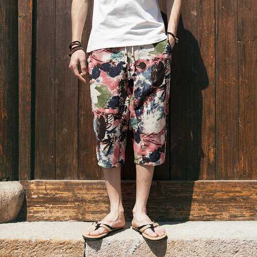 Quarter Shorts Men's Casual Japanese Retro Loose Large Size Men's Floral Cropped Trousers