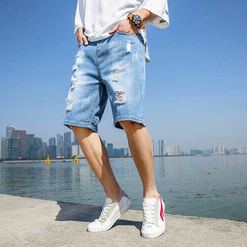 Season Men's Casual Shorts Men's Denim Shorts Men's Solid Color Five Pants Men's Loose Hole Shorts Pants