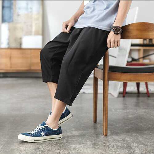 Season Men's Casual Fashion Large Size Hong Kong Style Casual Shorts Men's Loose Solid Color Cropped Trousers