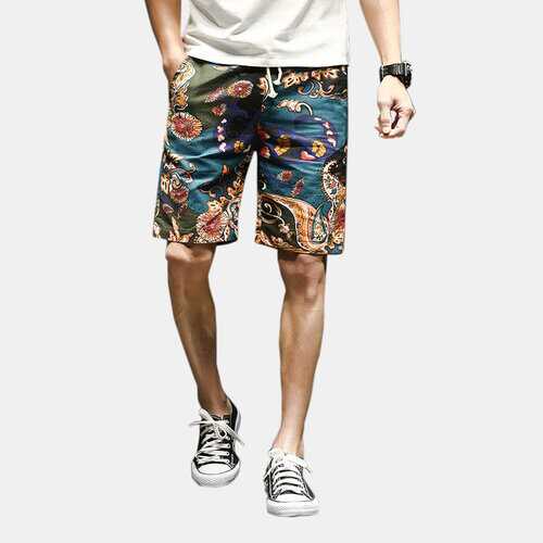 Ethnic Style Printing Loose Drawstring Shorts