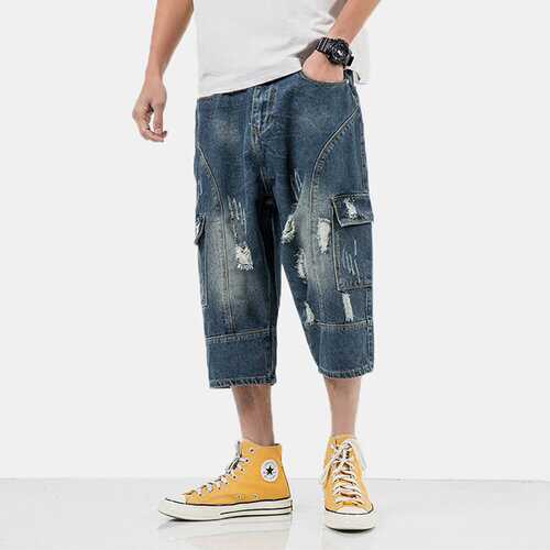 Mens Denim Patchwork Hole Pockets Cropped Trousers Shorts