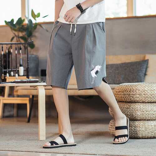 Beach Pants Season Chinese Style Embroidery Pants Linen Shorts Men's Pants Cotton And Linen Five Pants Large Size Pants Male