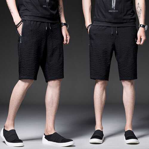 Young Men's Quarter Zipper Pocket Thin Section Five Pants Season Pure Black Thin Section Pants Thong Shorts Male