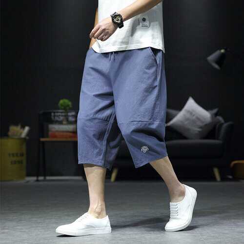 Seasonal Linen 7 Pants Male Tide Plus Fertilizer XL Fat Loose Wide Leg Pants Men's Chinese Style Men's Shorts