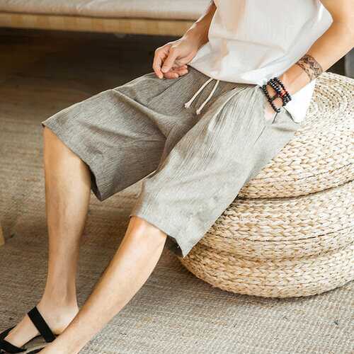 Season New Chinese Style Men's Cotton And Linen Shorts Fashion Casual Loose Large Size Tie Beach Pants Men