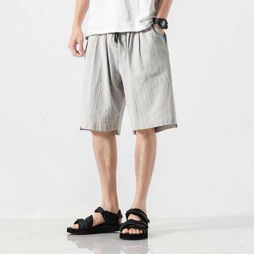 Chinese Style Cotton And Linen Loose Shorts Men's Solid Color Casual Pants Loose Large Size Five Pants Beach Pants