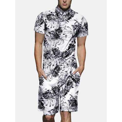 Mens Summer Leaf Printed Jumpsuits Shorts