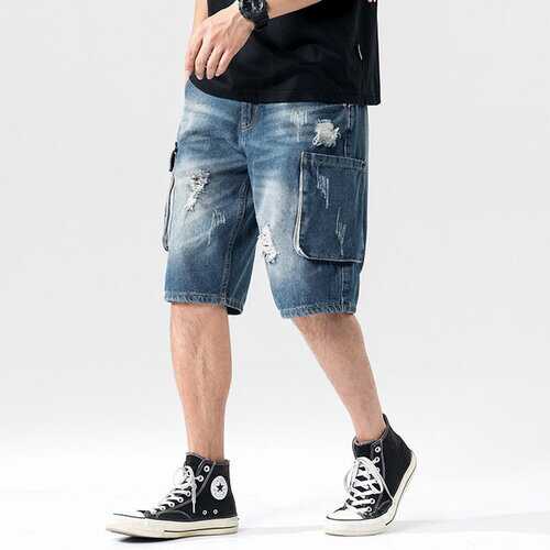 Men's Trend Hole Five Points Denim Pants Season Thin Section Plus Fat Large Size Shorts Loose Tooling Pants