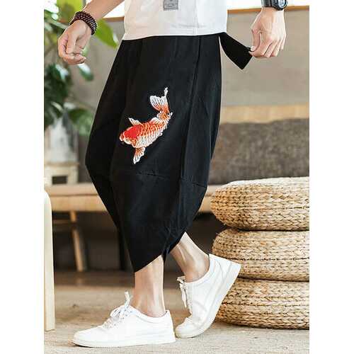 Ethnic embroidery wide-leg beach pants loose cropped bloomer